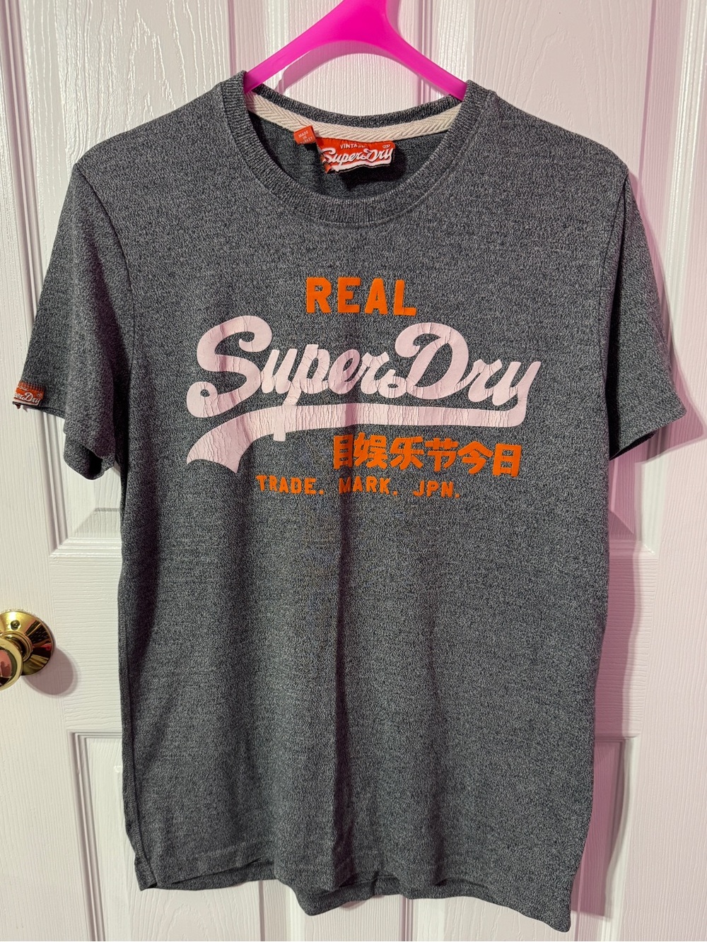 Superdry Men's Gray Tee with White and Orange Logo